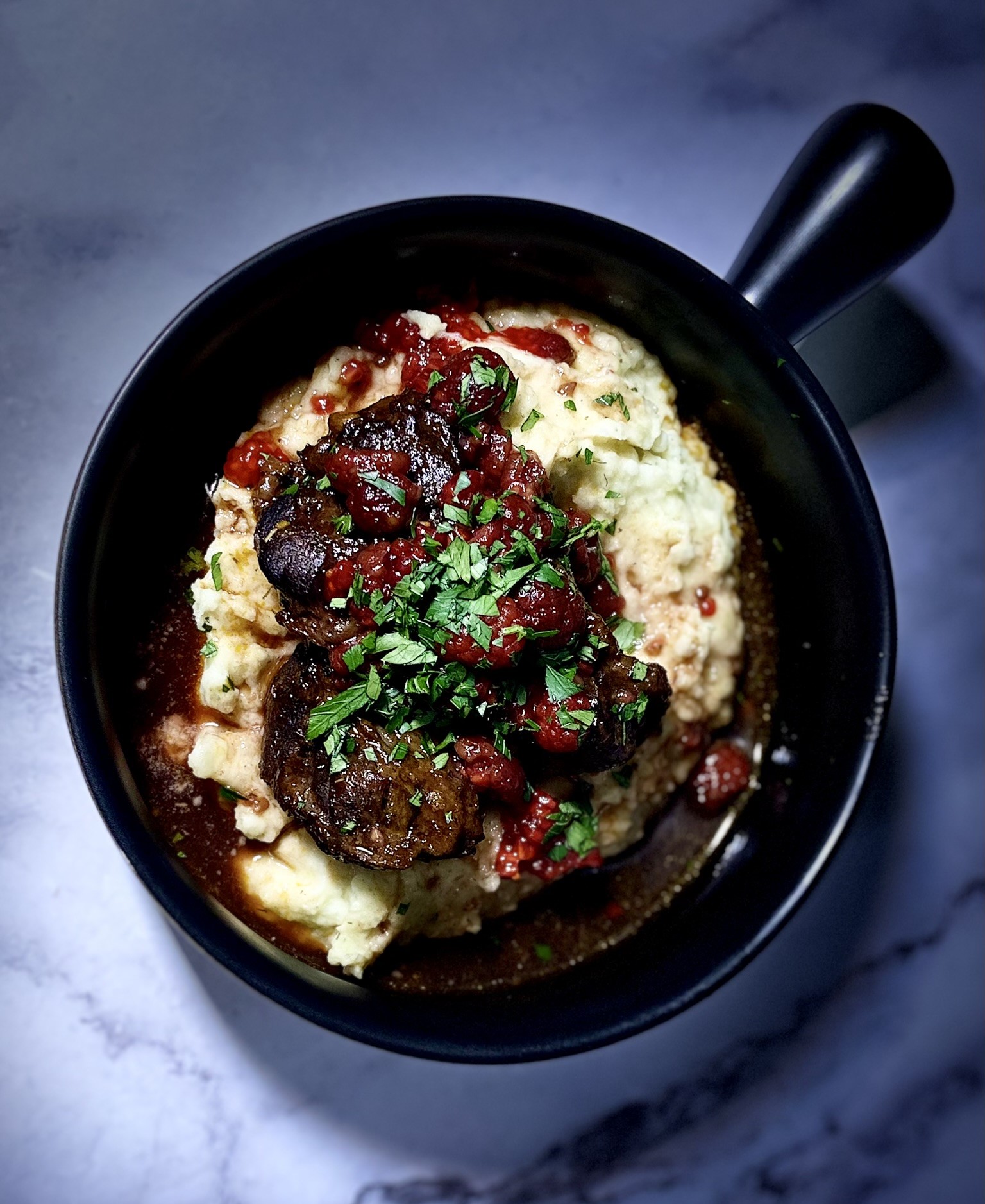 Braised Venison Cheeks & Raspberry Sauce