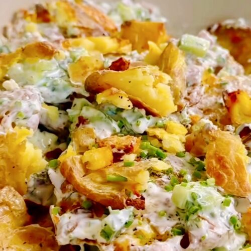 Smashed potato Tzatziki salad